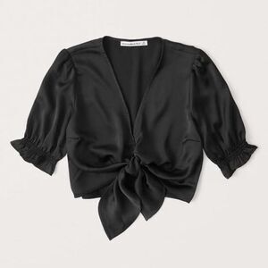 Abercrombie & Fitch Black Satin Tie Front Puff Sleeve Crop Top Size M